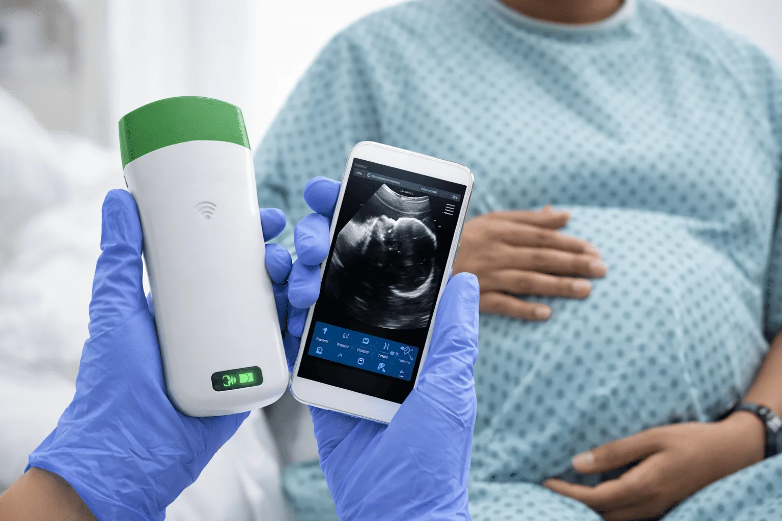 Sonde échographique sans fil Sonostar avec smartphone, en contexte médical