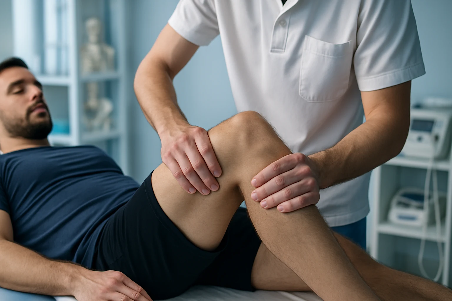 Kinésithérapeute du sport examinant une blessure musculaire à la cuisse d'un athlète