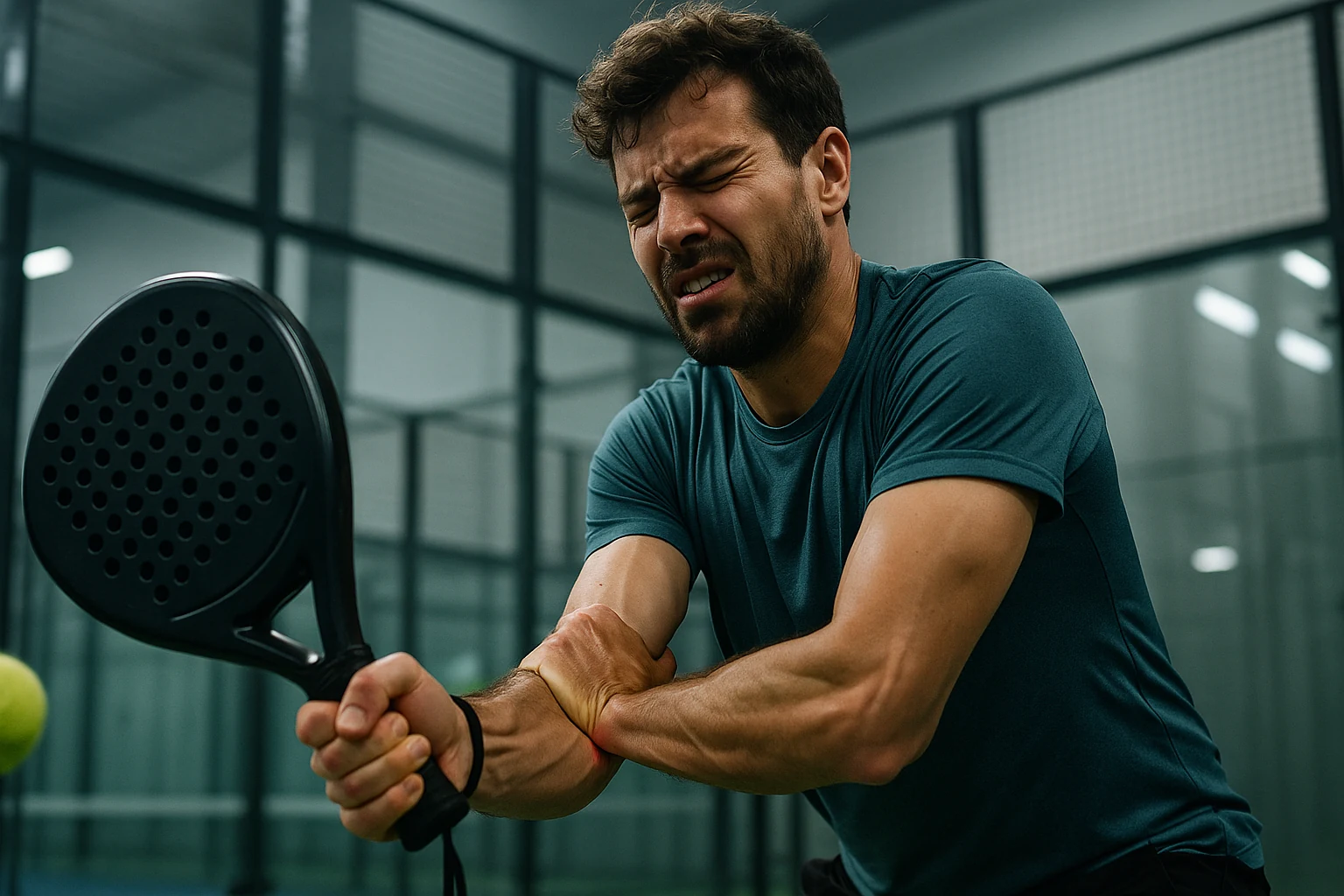 Joueur de padel en action avec focus sur le coude, prévention des blessures au padel